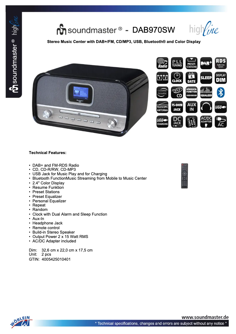 Page 1 de la notice Fiche technique Soundmaster DAB970