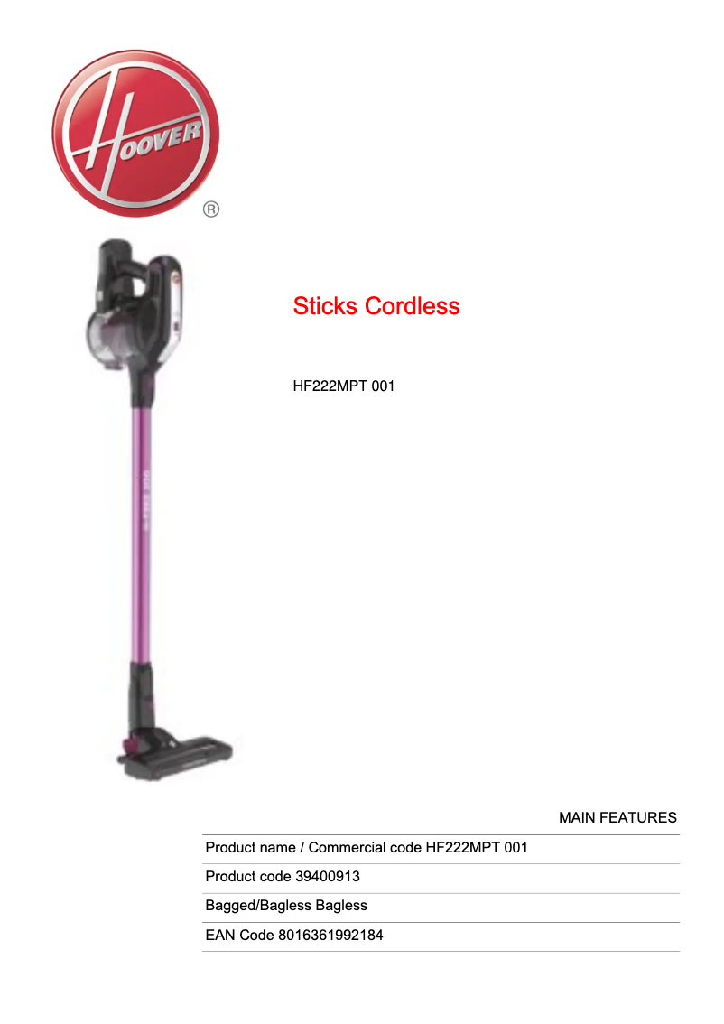 Page 1 de la notice Fiche technique Hoover H-FREE 200 HF222MPT 001