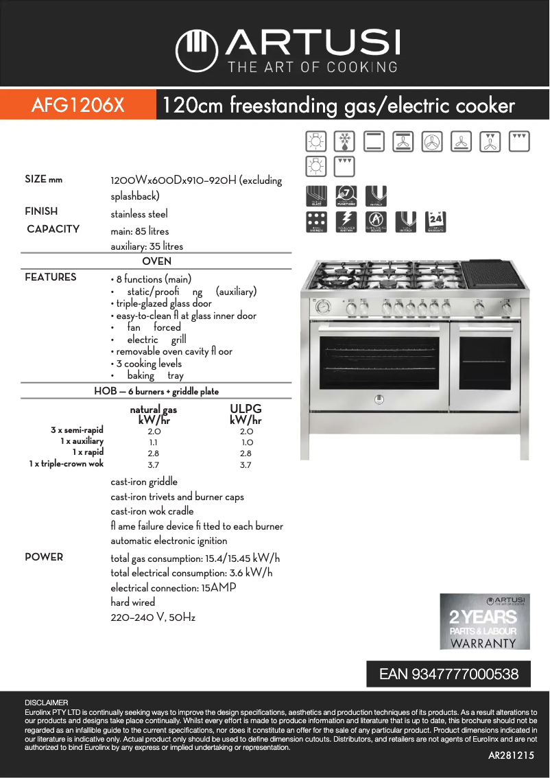 Page 1 de la notice Fiche technique Artusi AFG1206X