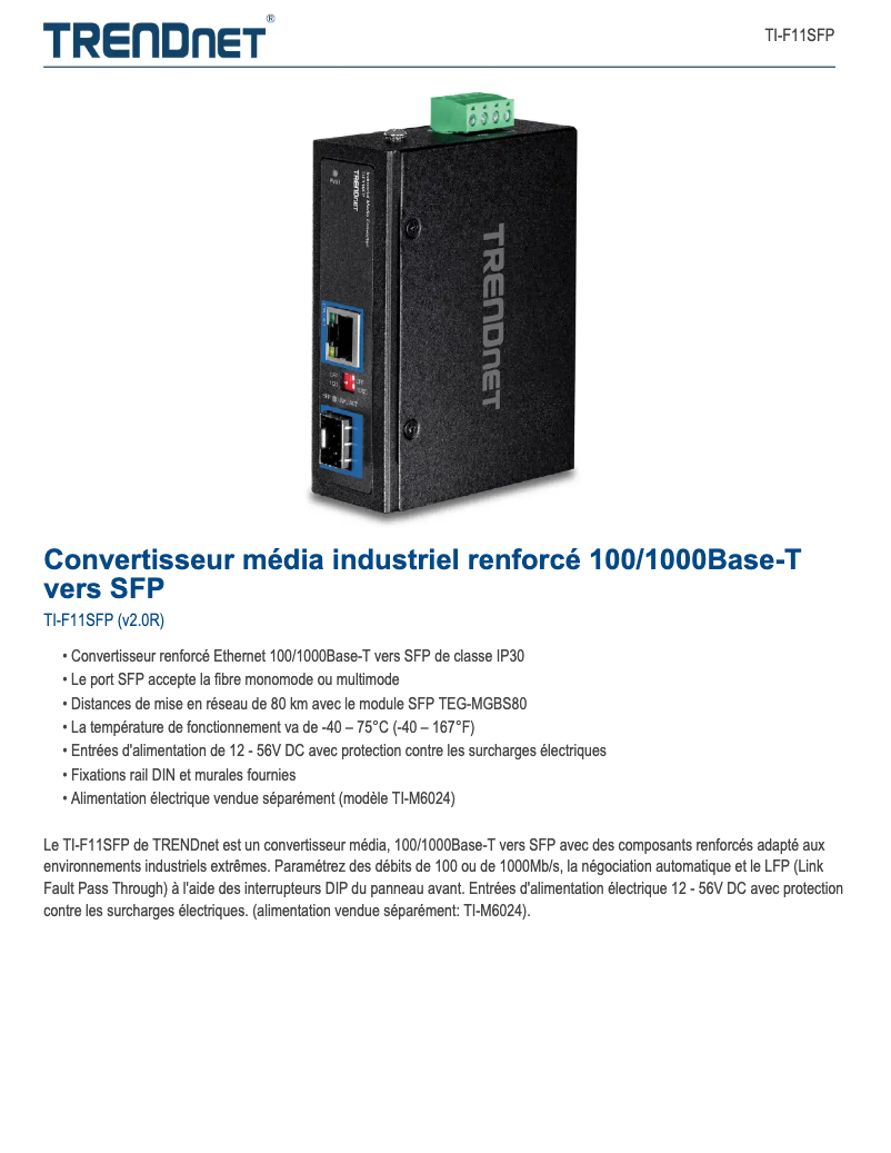 Page 1 de la notice Fiche technique TRENDnet TI-F11SFP