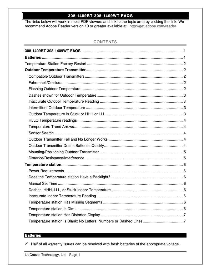 Page 1 de la notice FAQ La Crosse Technology 308-1409WT