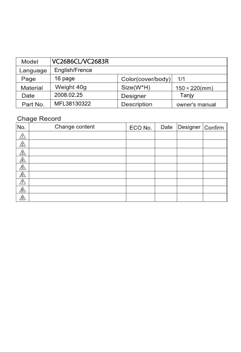 Page 1 de la notice Manuel utilisateur LG VC2683R