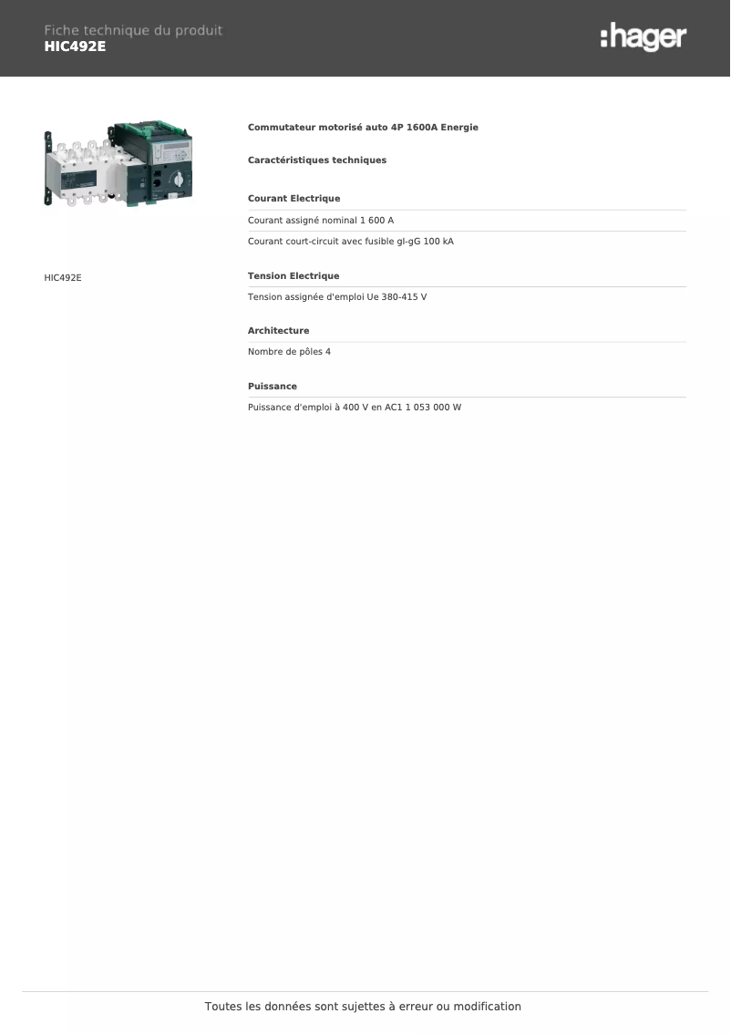Page 1 de la notice Fiche technique Hager HIC492E