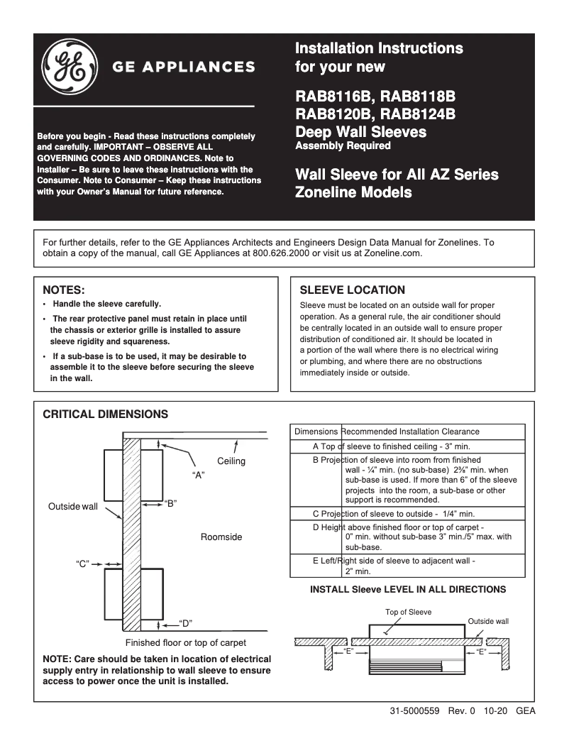 Page 1 of the manual User Manual GE RAB8116B