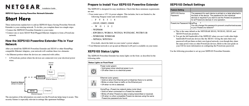 Page 1 de la notice Guide d'installation Netgear XEPS103