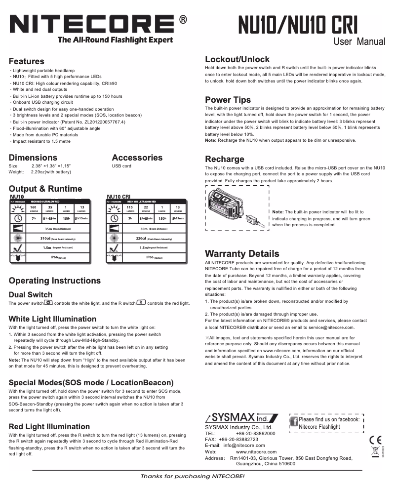 Page 1 de la notice Manuel utilisateur Nitecore NU10 CRI