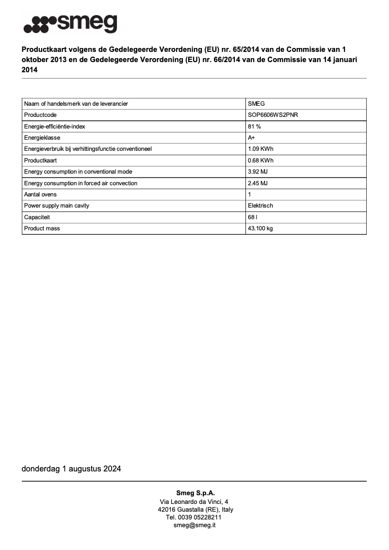 Page 1 de la notice Fiche technique Smeg SOP6606WS2PNR