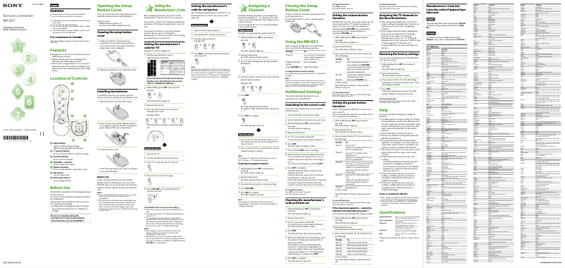 Page 1 de la notice Manuel utilisateur Sony RM-KZ1