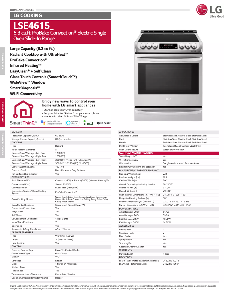 Page 1 of the manual Technical Sheet LG LSE4615ST