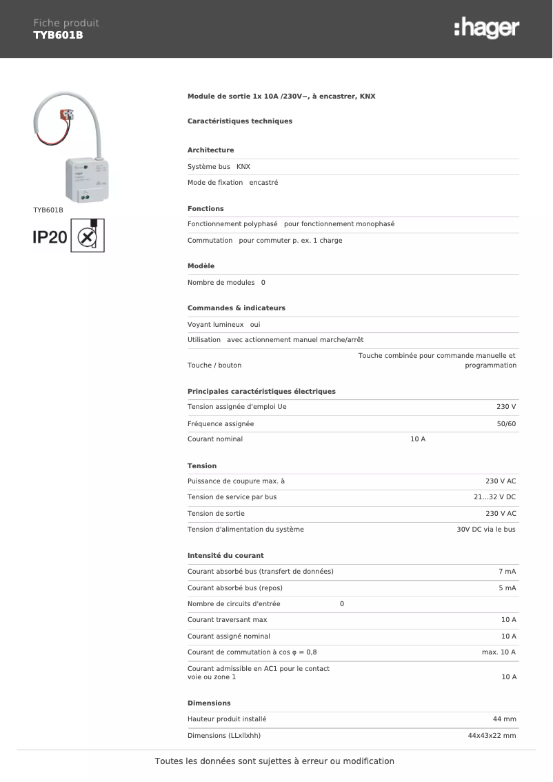 Página 1 del manual Ficha técnica Hager TYB601B