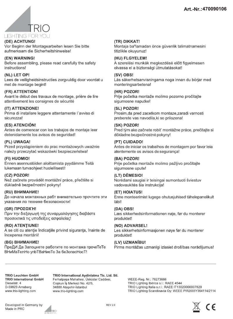 Page 1 de la notice Manuel utilisateur Trio Lighting Sevilla 470090106