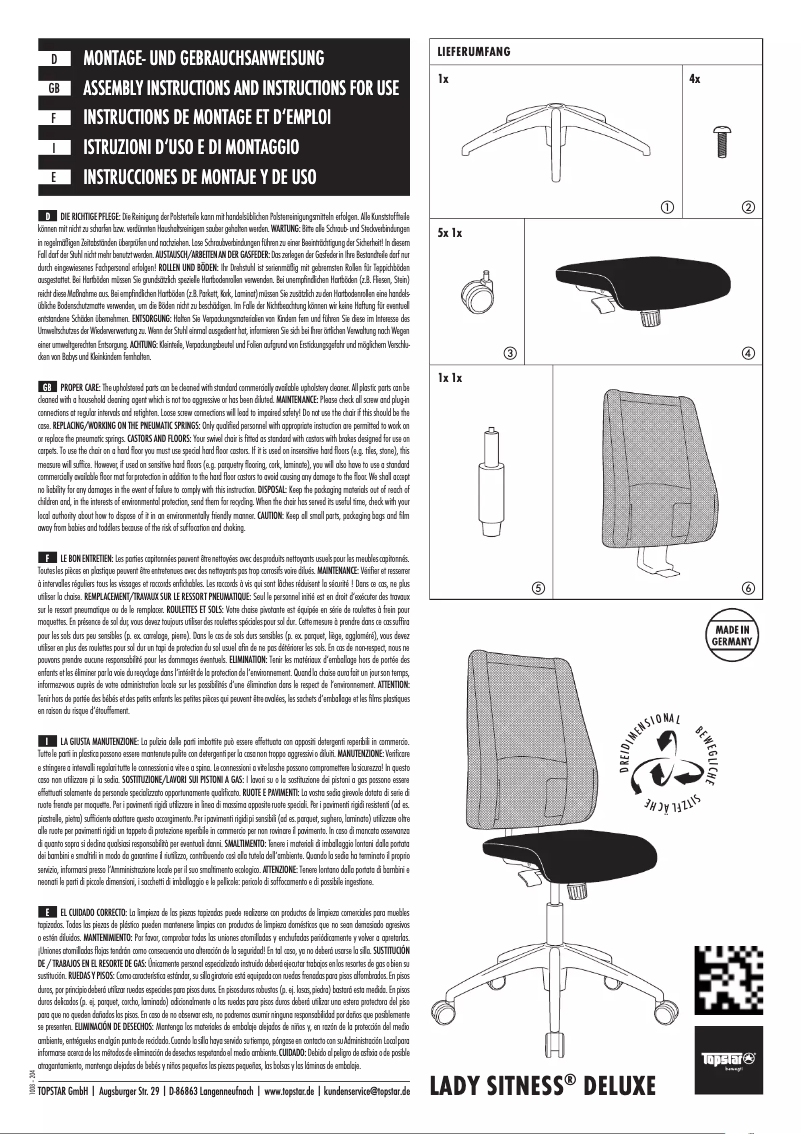 Page 1 de la notice Manuel utilisateur Topstar Lady Sitness Deluxe
