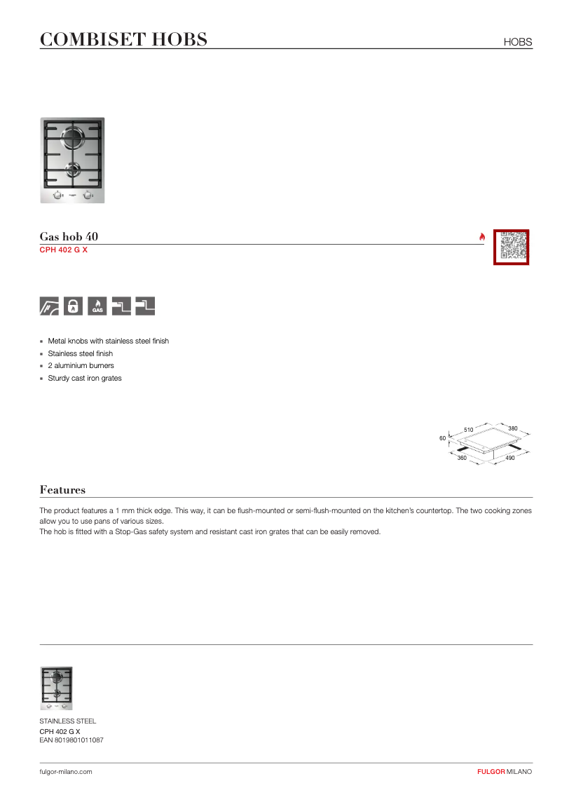 Page 1 of the manual Technical Sheet Fulgor Milano CPH 402 G X