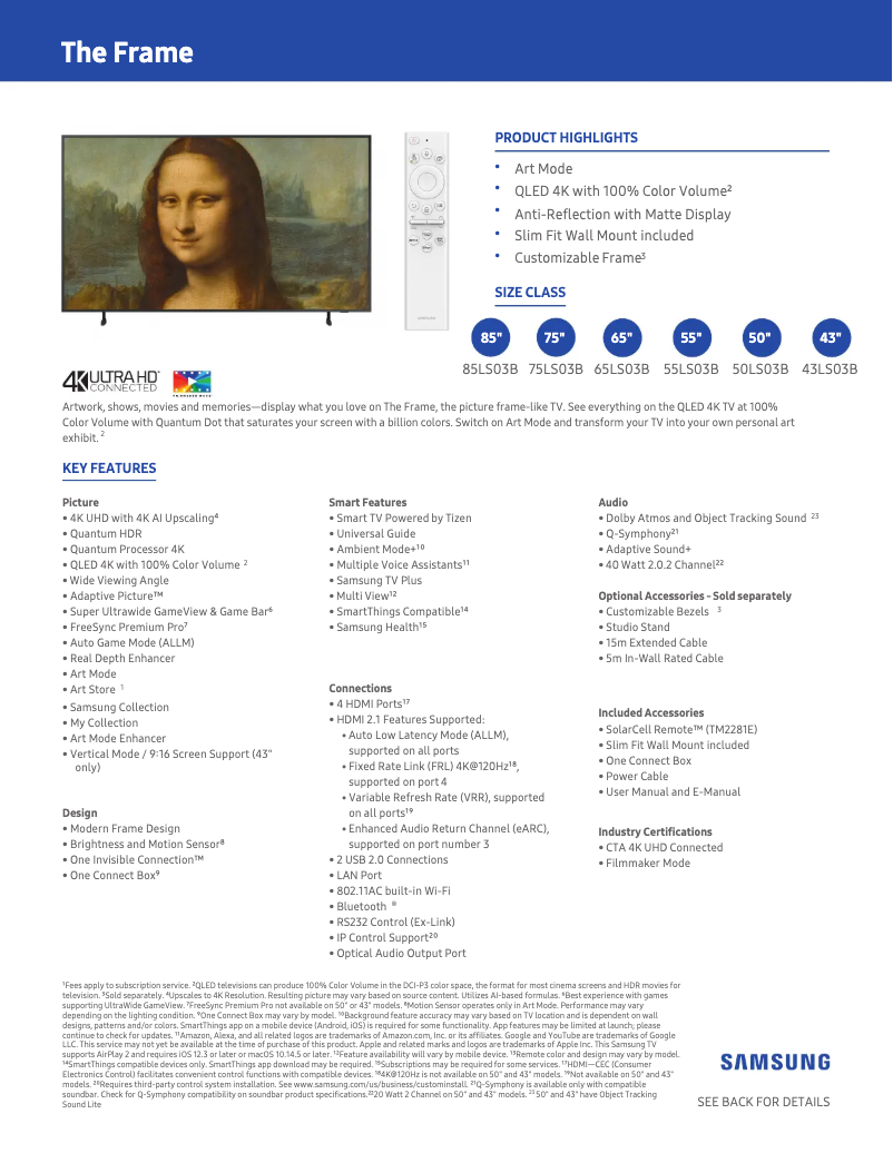 Page 1 de la notice Fiche technique Samsung QN55LS03B