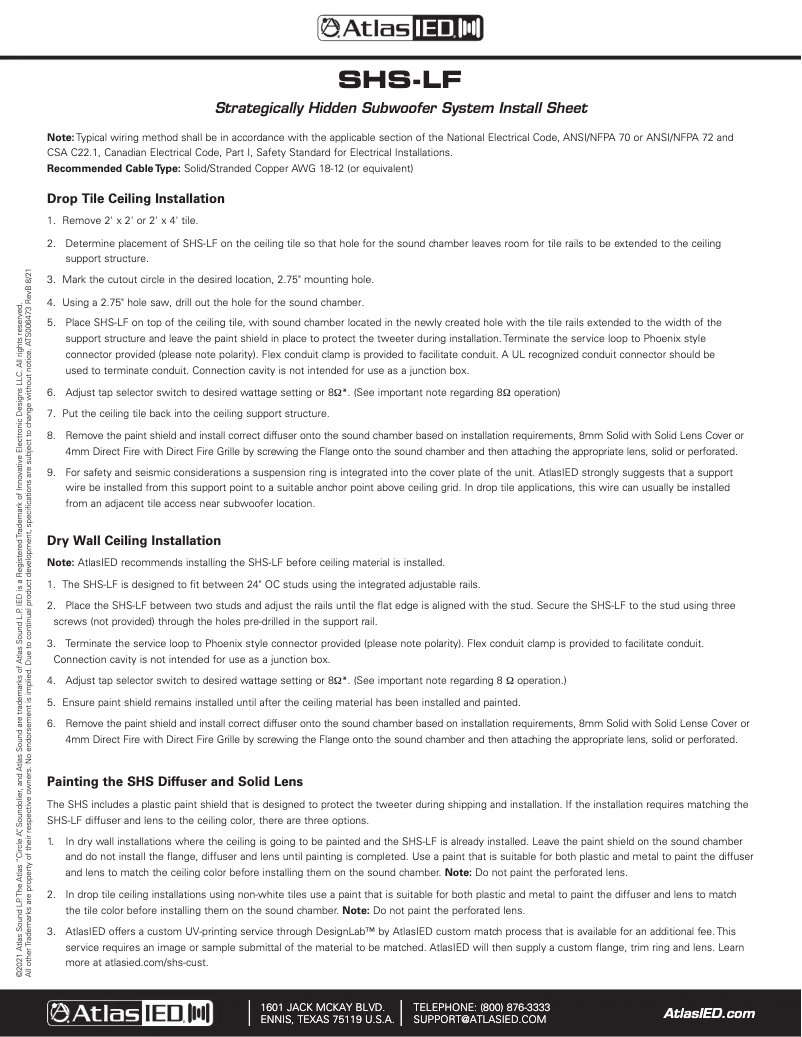Page 1 de la notice Manuel utilisateur Atlas Sound SHS-LF