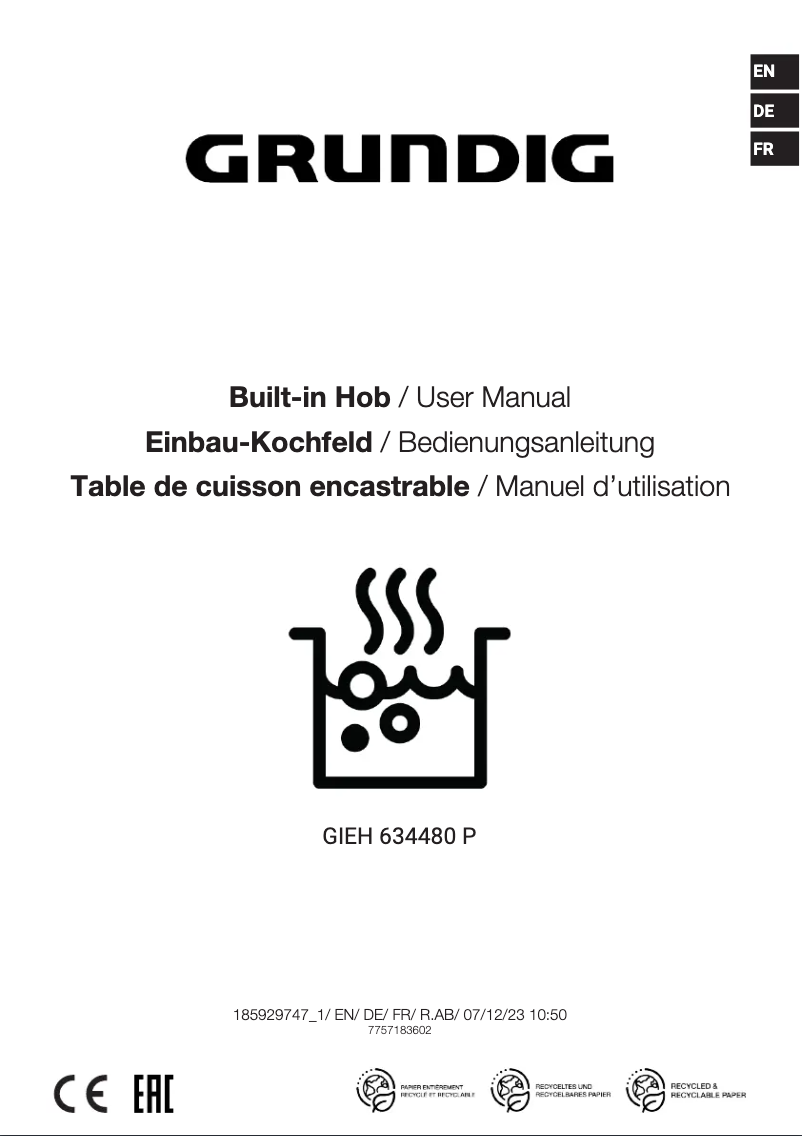 Page 1 de la notice Manuel utilisateur Grundig GIEH 634480 P