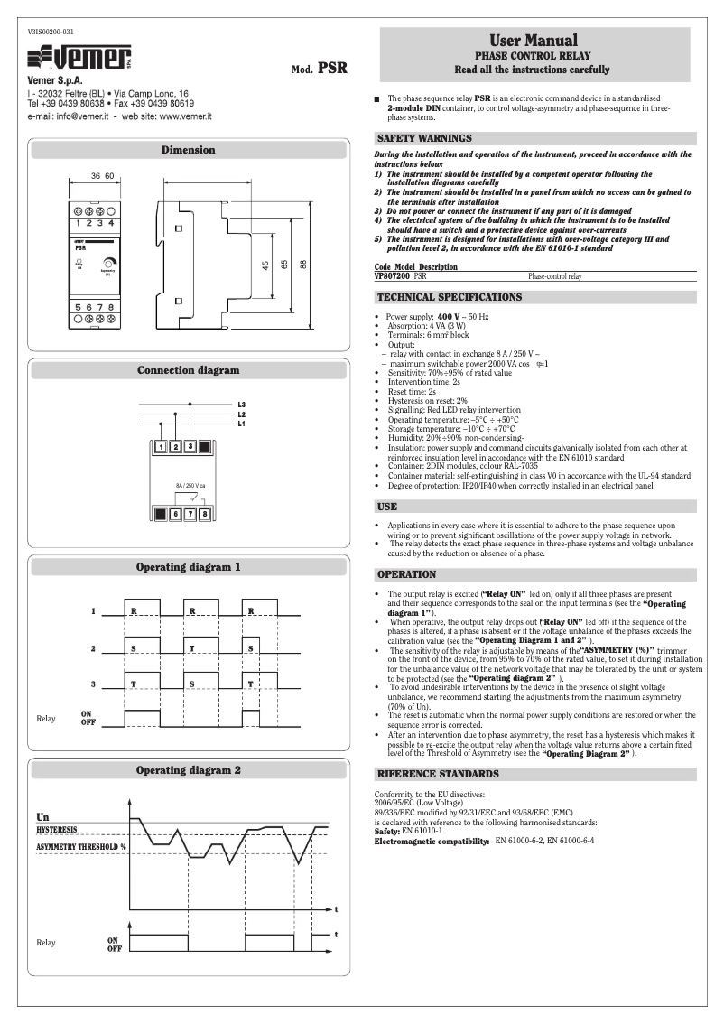 Page 1 de la notice Manuel utilisateur Vemer PSR400