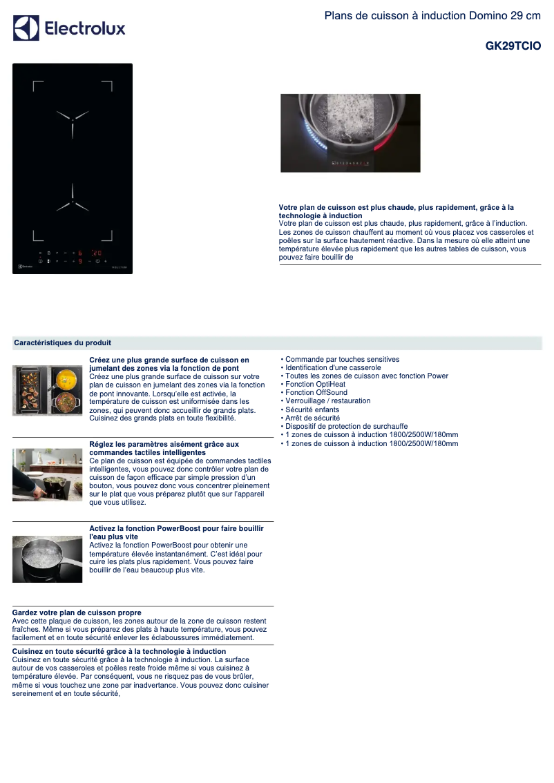 Page 1 de la notice Fiche technique Electrolux GK29TCIO