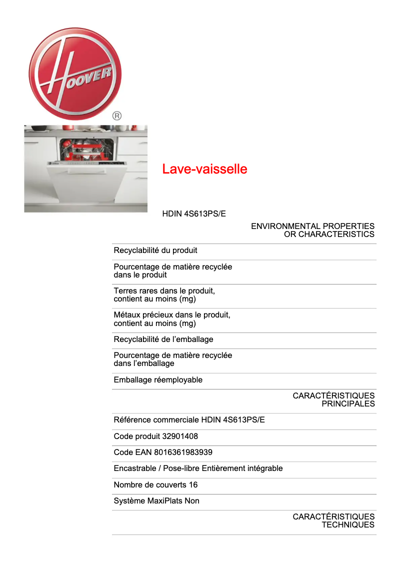 Página 1 del manual Ficha técnica Hoover H-DISH 700 HDIN 4S613PS-80