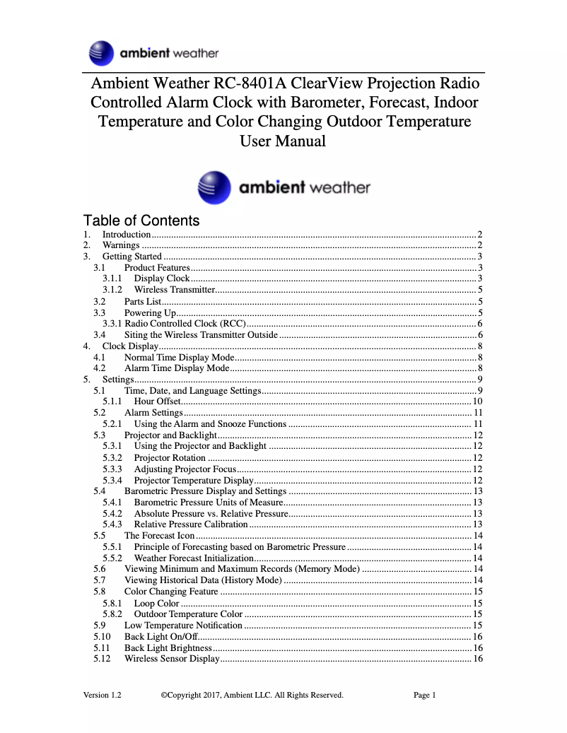 Page 1 de la notice Manuel utilisateur Ambient Weather RC-8401A