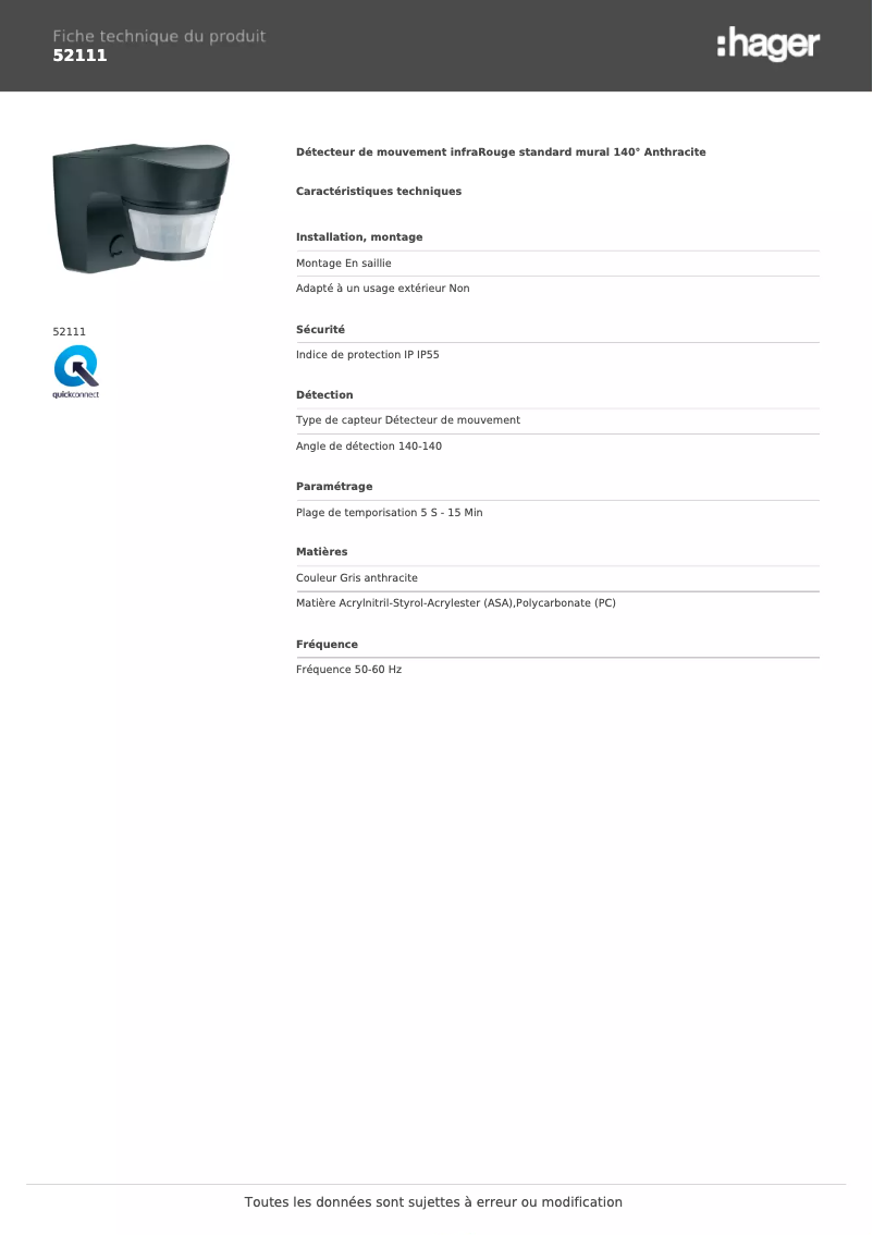 Page 1 de la notice Fiche technique Hager 52111