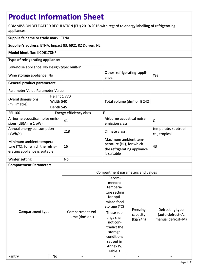 Page 1 de la notice Fiche technique Etna KCD6178NF