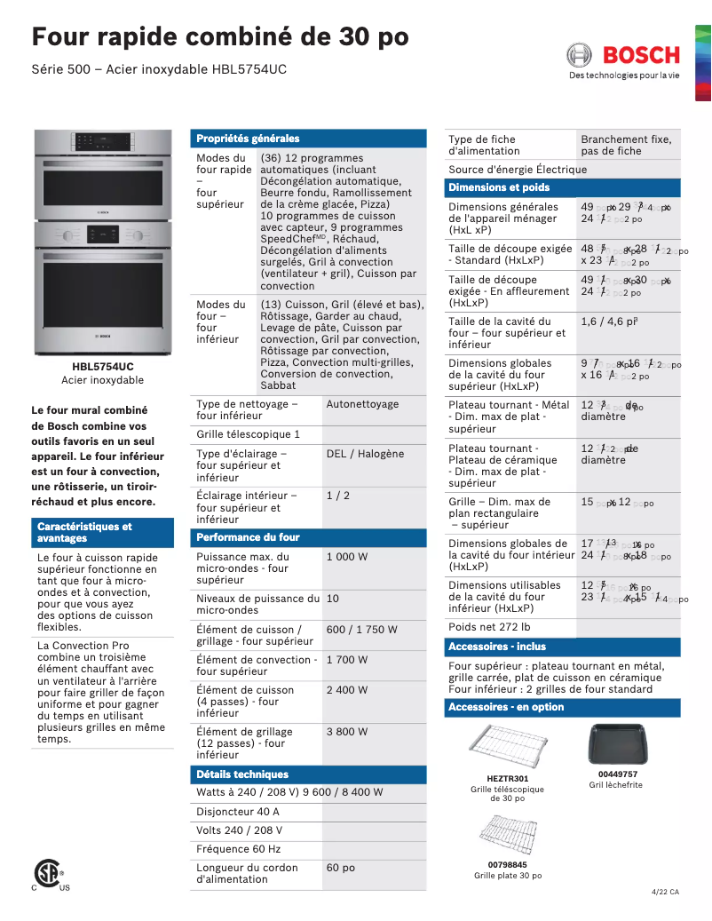 Page 1 of the manual Technical Sheet Bosch HBL5754UC