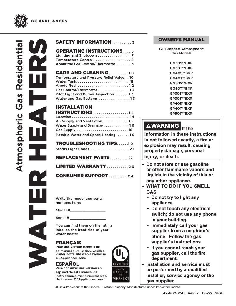 Página 1 del manual Manual de uso y mantenimiento GE GG30S08BXR