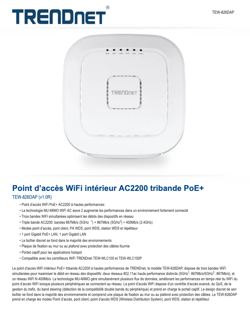 Page 1 de la notice Fiche technique TRENDnet TEW-826DAP