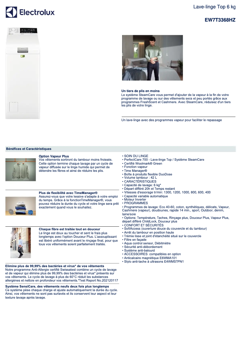 Página 1 del manual Ficha técnica Electrolux EW7T3368HZ