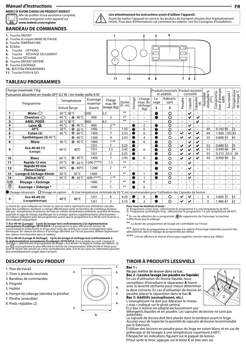 Page 1 de la notice Manuel utilisateur Indesit BDE 76435 WV FR