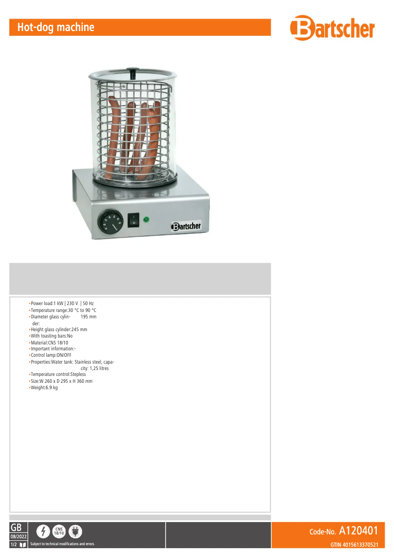 Page 1 de la notice Fiche technique Bartscher A120401