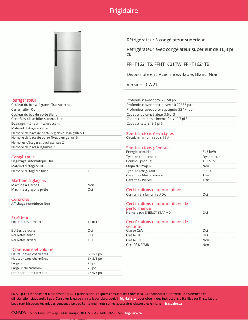 Page 1 de la notice Fiche technique Frigidaire FFHT1621TB
