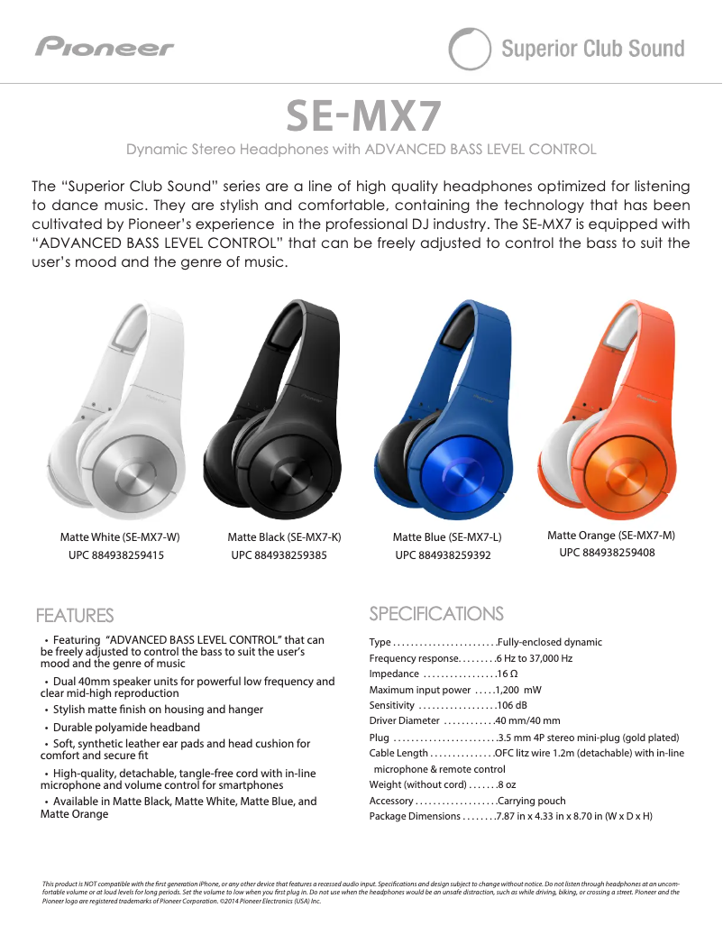 Página 1 del manual Manual de usuario Pioneer SE-MX7