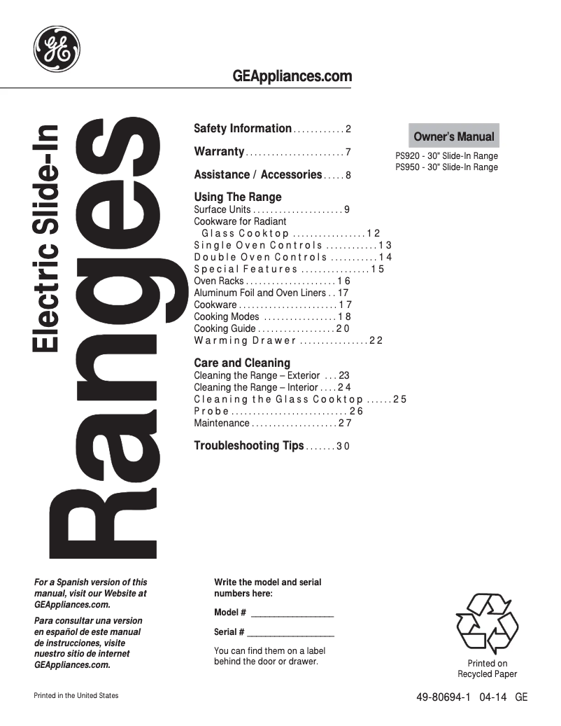 Página 1 del manual Manual de instrucciones GE PS950SFSS Profile
