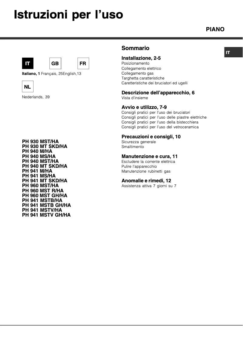 Página 1 del manual Manual de usuario Hotpoint Ariston PH 960MST (AX)/HA