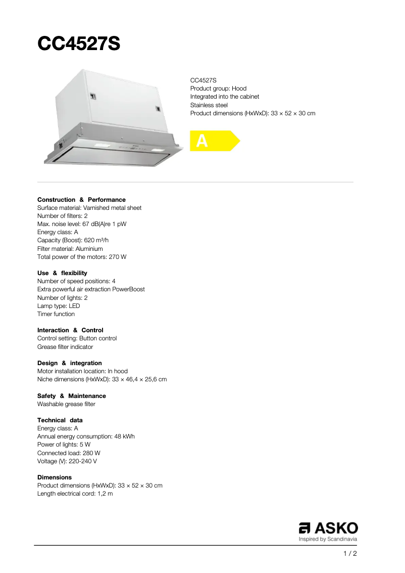 Page 1 de la notice Fiche technique Asko CC4527S