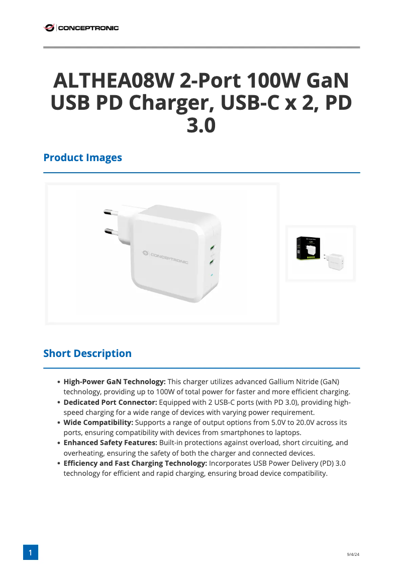 Page 1 de la notice Fiche technique Equip ALTHEA08W