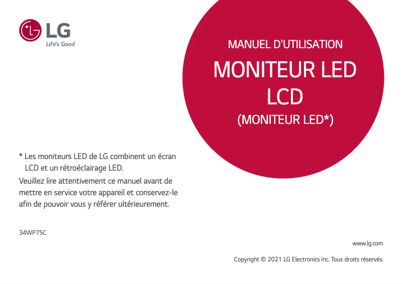 Page 1 de la notice Manuel utilisateur LG 34WP75C