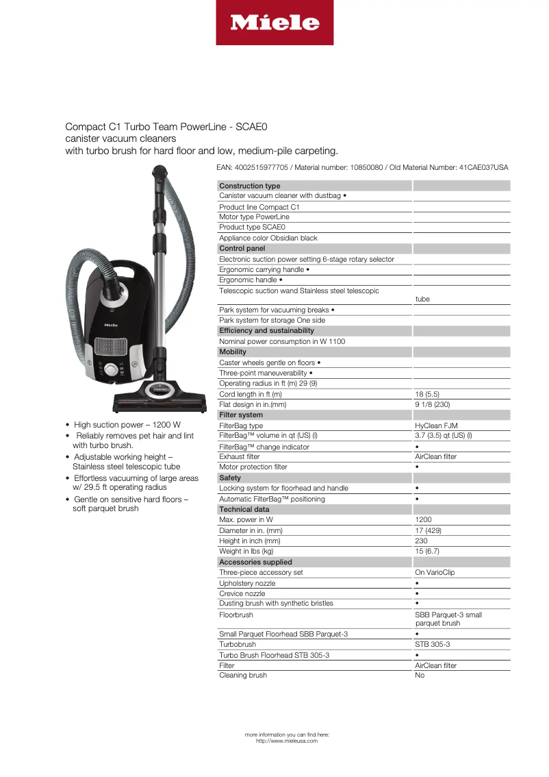 Page 1 de la notice Fiche technique Miele Compact C1 Turbo Team