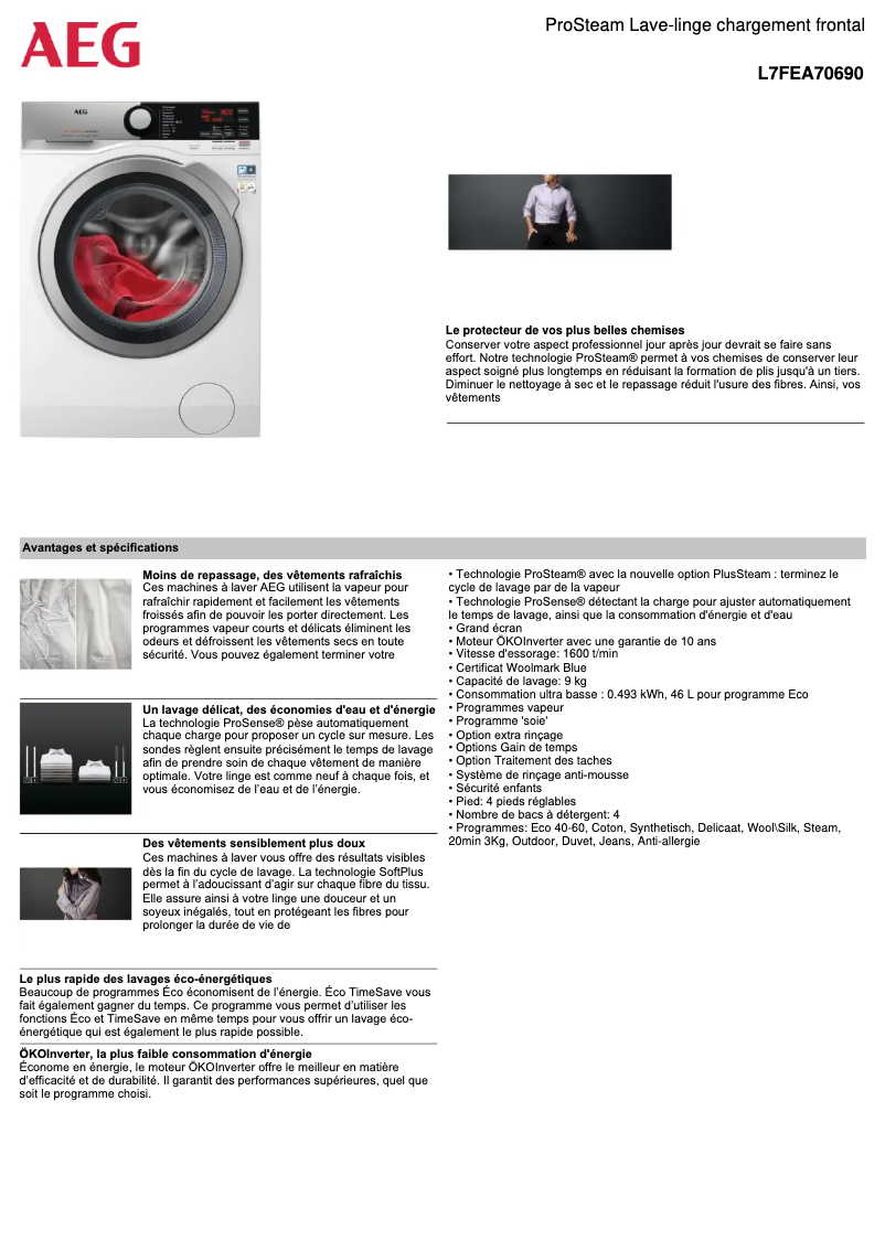 Page 1 de la notice Fiche technique AEG L7FEA70690