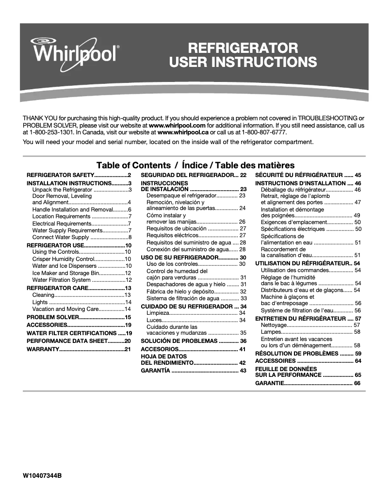 Page 1 de la notice Instructions / montage Whirlpool WRS325FDAB