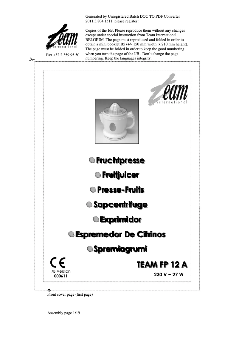 Page 1 de la notice Manuel utilisateur Team FP 12