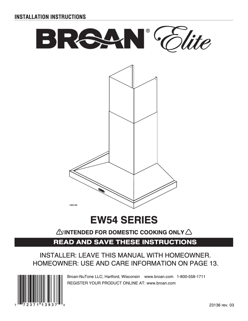 Page 1 de la notice Guide d'installation Broan EW5430BLS