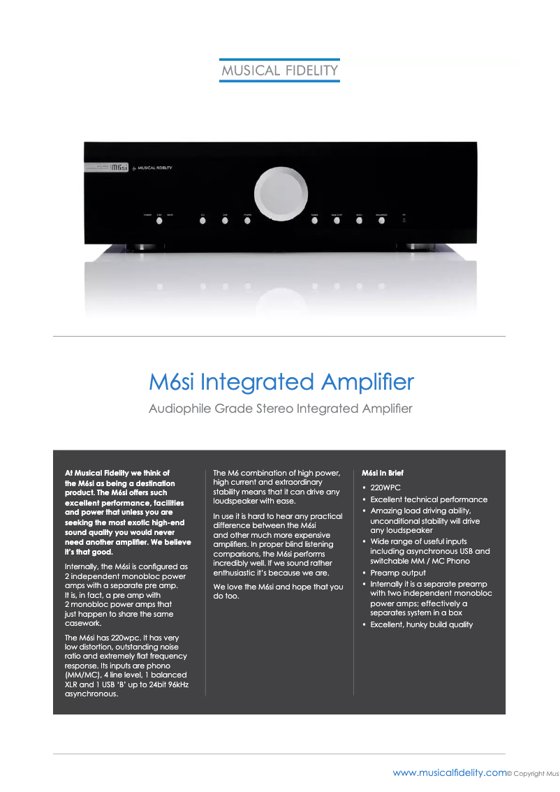 Page 1 of the manual Technical Sheet Musical Fidelity M6si