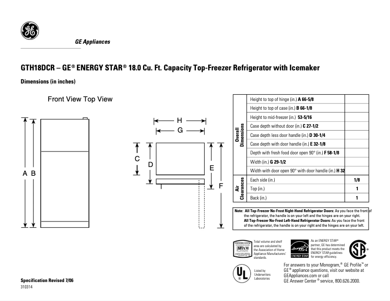 Page 1 de la notice Fiche technique GE GTH18DCRRBB