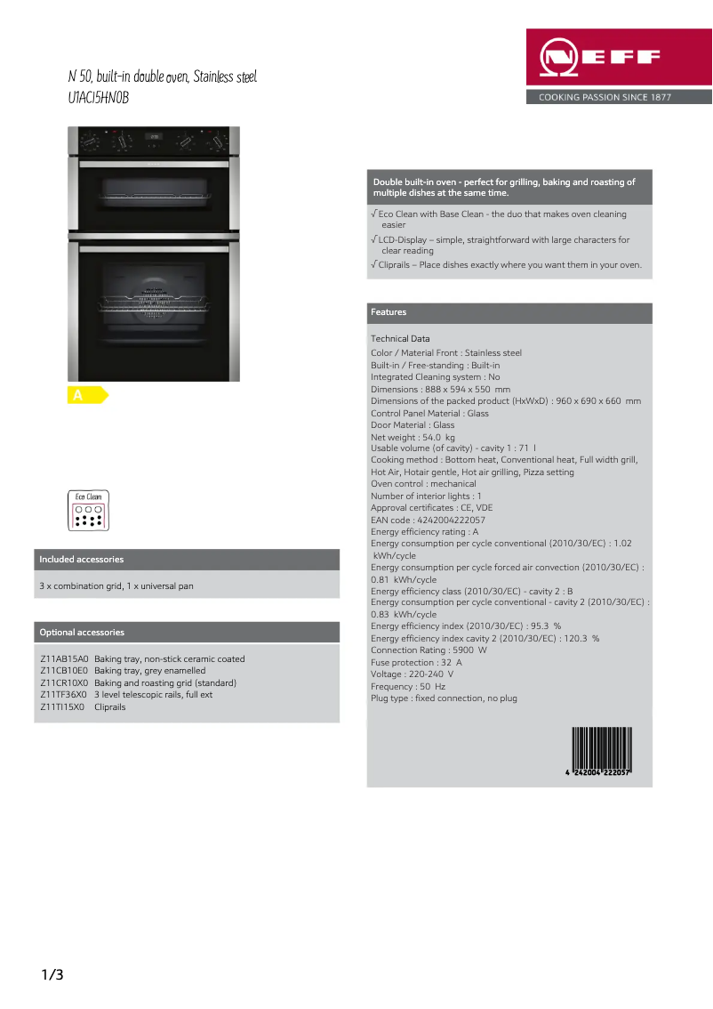 Page 1 of the manual Technical Sheet Neff U1ACI5HN0B