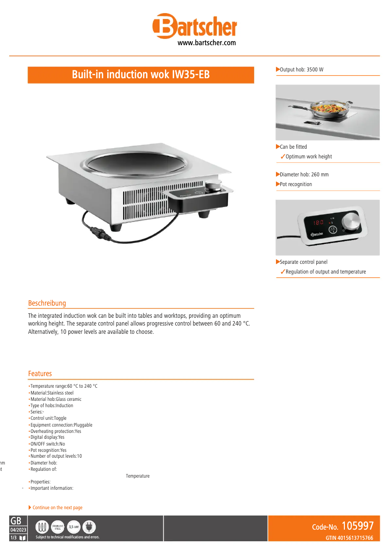 Page 1 de la notice Fiche technique Bartscher IW35-EB