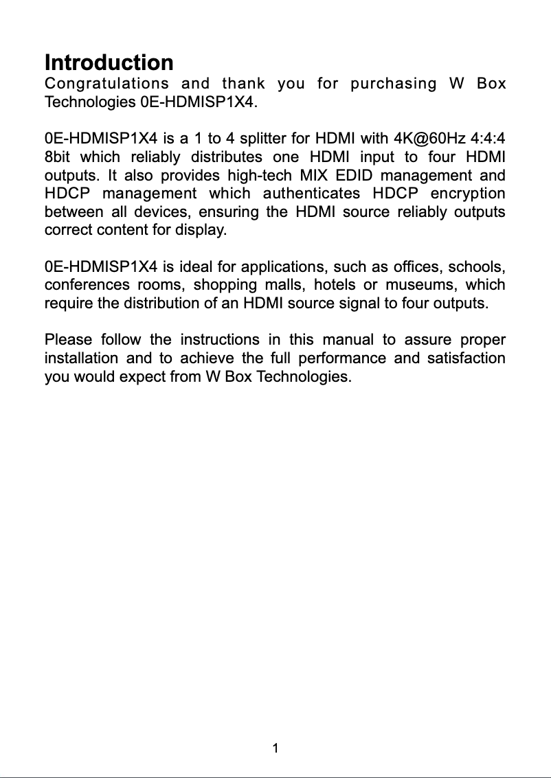 Page 1 of the manual User Manual W Box 0E-HDMISP1X4