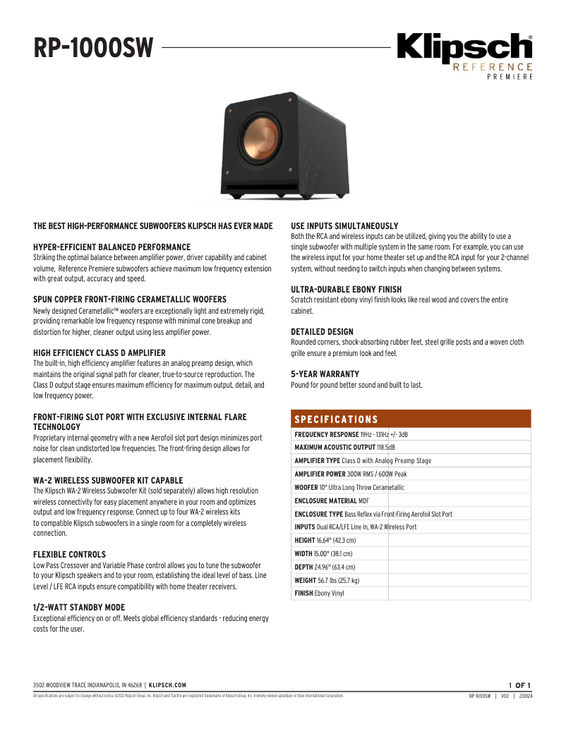 Page 1 de la notice Fiche technique Klipsch Reference Premiere RP-1000SW